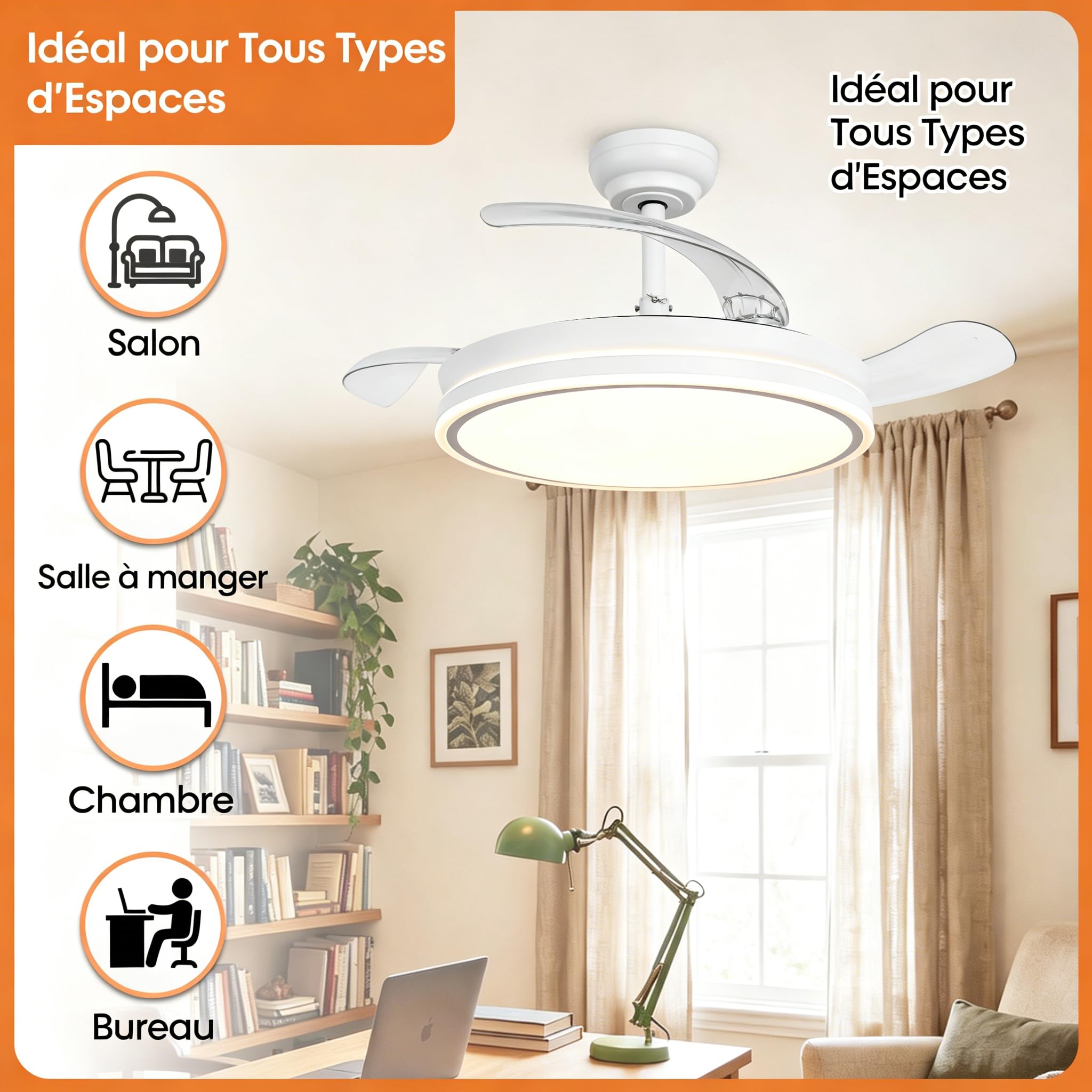Parrot Uncle Ventilateur de plafond avec Lumiere Silencieux et pales Rétractables, 106 cm 3 pales, 36W, Moteur DC, mode été et hiver, 6 vitesses, télécommande, Blanc-Cercle