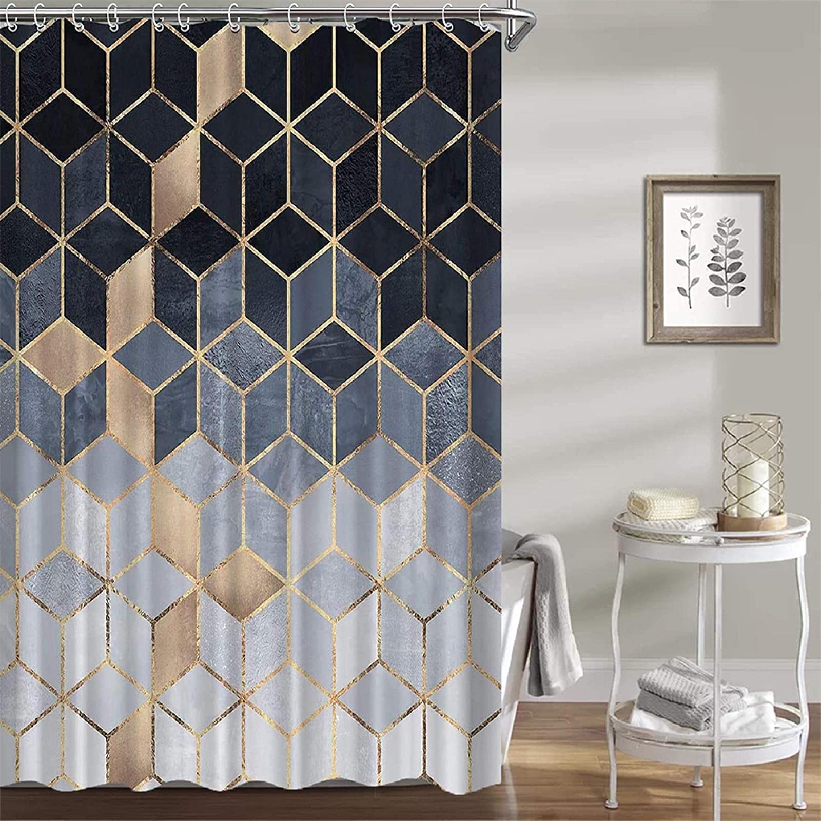 Douchegordijn - Geometrisch Groen Natuur Goud Luxe - 180 x 200 cm - met 12 ringen