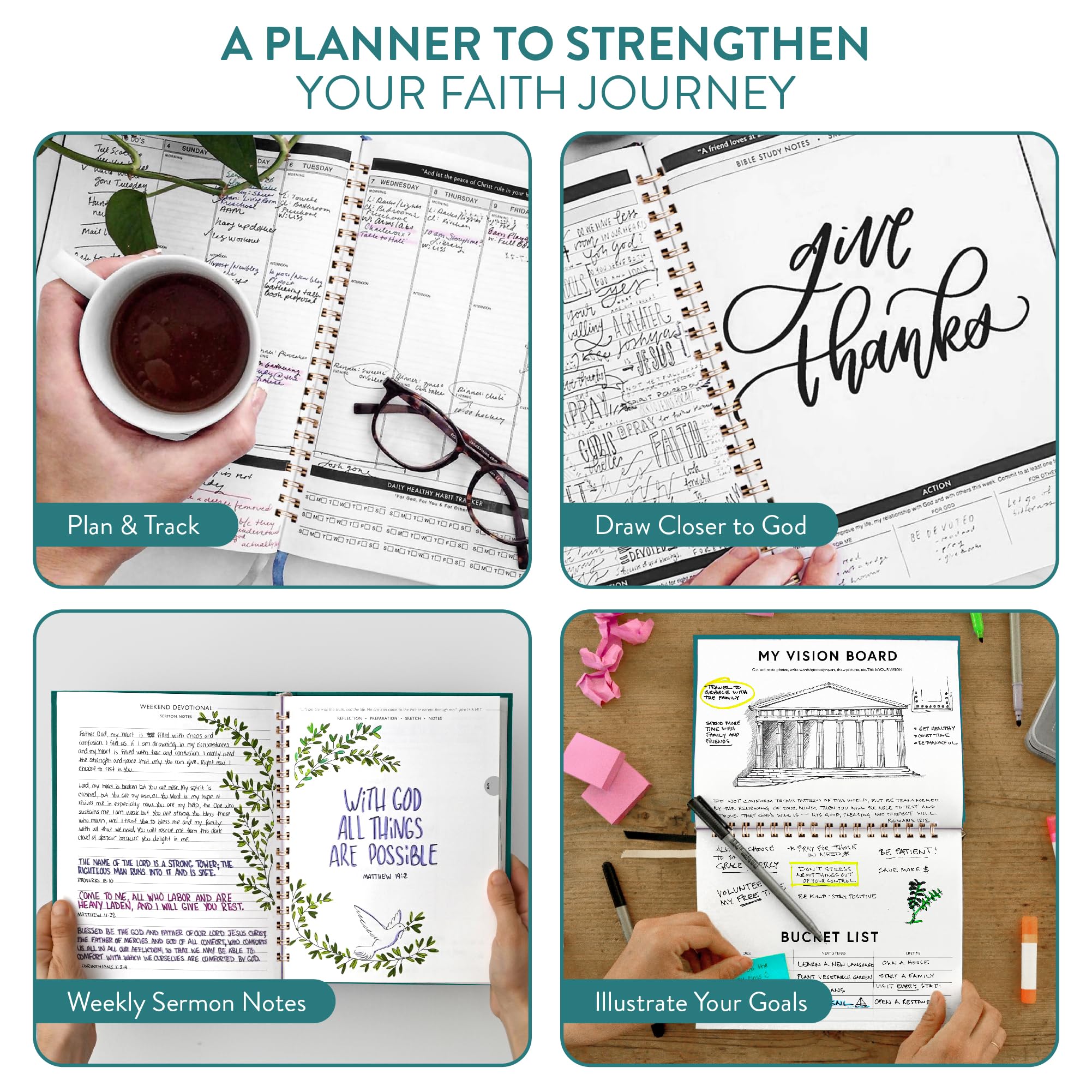Christian Planner 2024 | Diario biblico e libro della gratitudine, 17,8 x 25,4 cm, rilegatura a spirale con carta ecologica certificata FSC, organizer mensile, settimanale e giornaliero, perfetto per