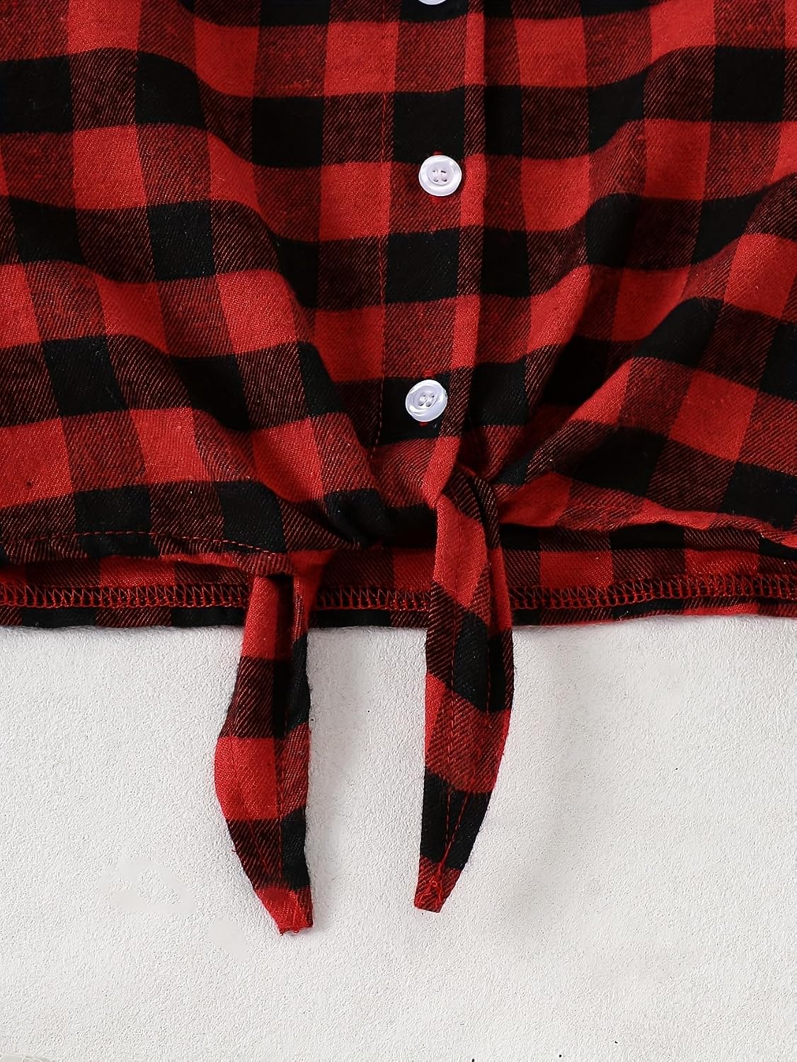 Girls Long Sleeve Flannel Plaid Button Down Shirt Red Kids Tie Front Blouse Tops Collared Shirts for 8-12 Y