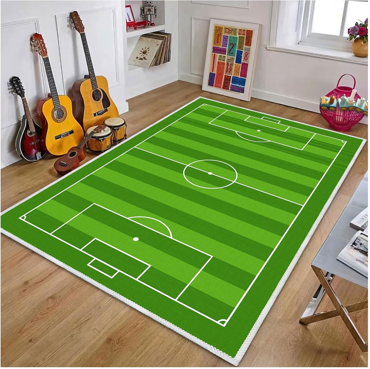 Kid Carpet Football Field Rug, Green Soccer Field Area Rug for Boys Room, Non-Slip Washable Sports Theme Play Mat for Living Room Bedroom Children's Room Playroom Decor(2.6×3.9ft/31×47in)