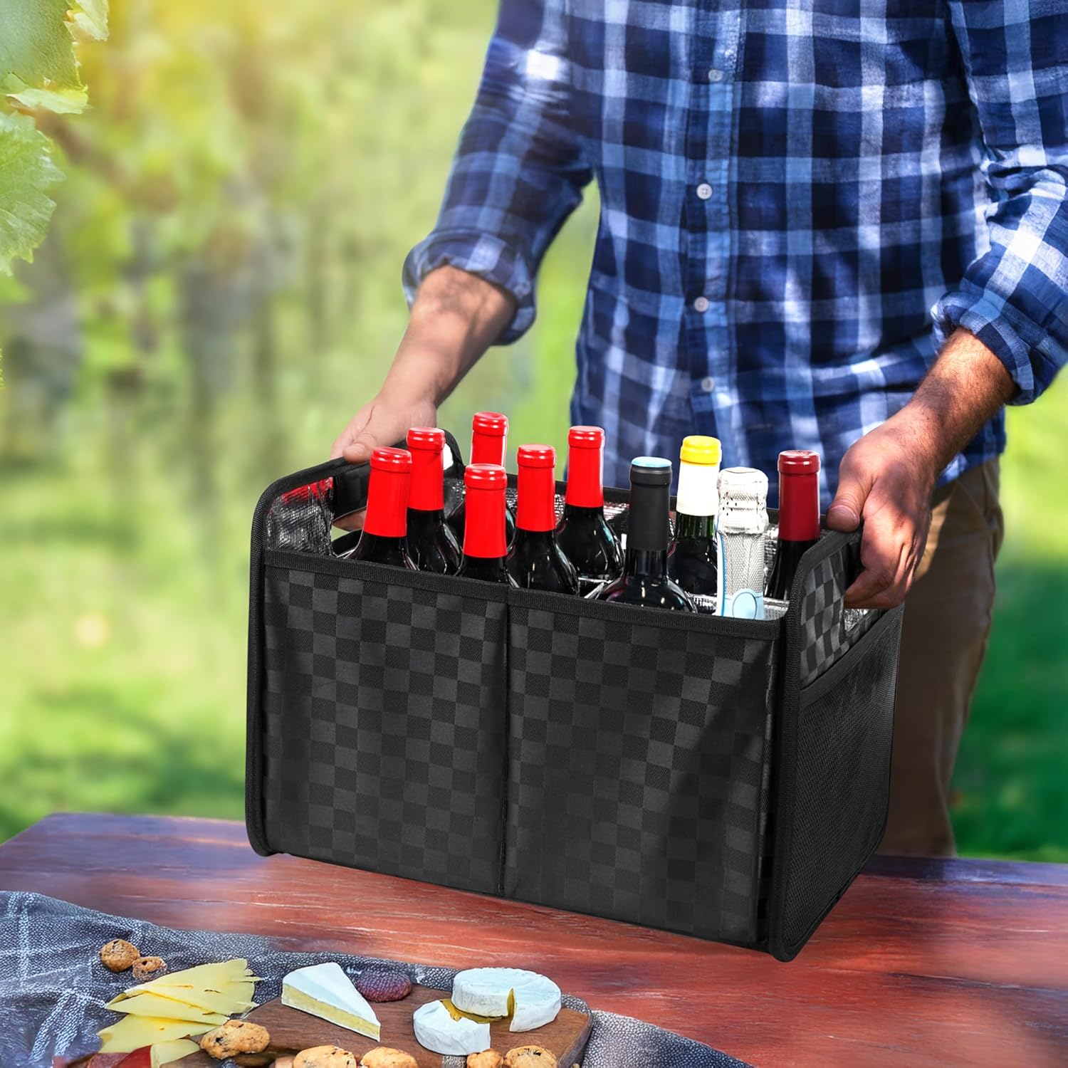 opux 12 Bottle Wine Tote Bag, Collapsible Wine Carrier Caddy Box with Dividers for Moving, Foldable Liquor Bottle Storage Glass Holder, Portable Reusable Wine Storage Box - Checker Black