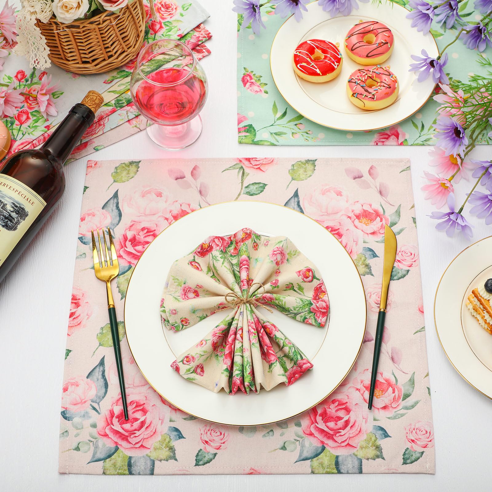 VitalCozy Cloth Napkins 15 x 15 Inch Plants Butterfly Soft Reusable Napkin Country French Cotton Dinner Towel Decorative Washable Towels for Spring Summer Fall Party(Pink Flower,24 Pcs)