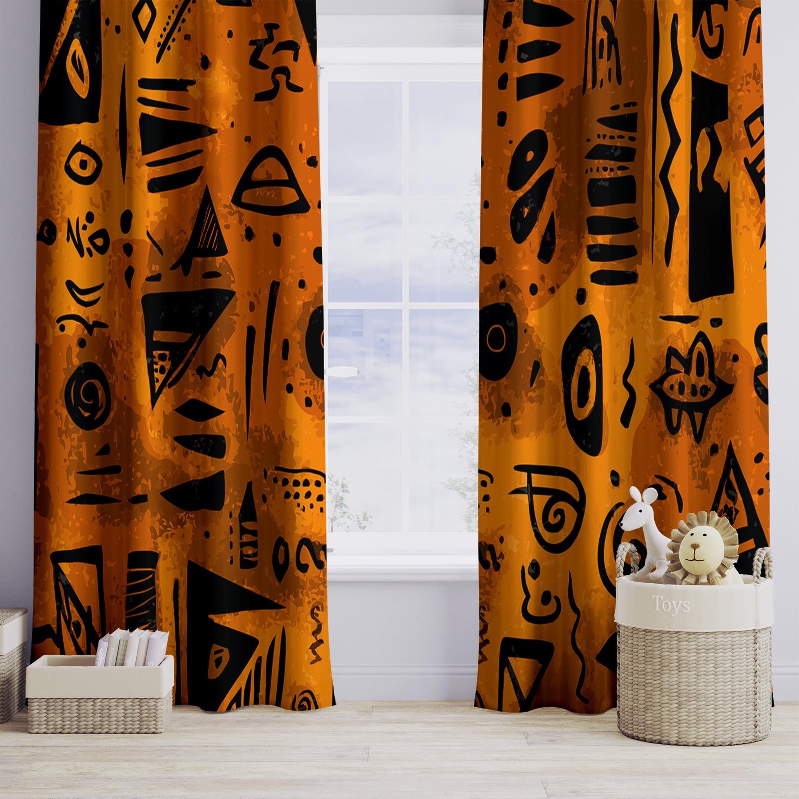 Générique Lot De 2 Rideaux Occultant Motif Tribal Africain Enfants Rideau à Oeillets Isolation Thermique, Couleur Orange Salon Rideaux Occultants, pour Chambre Salon Maison Bureau L 91.5 X H 214 cm
