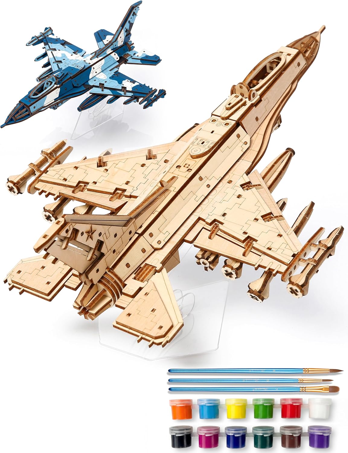 BOOZUU Paintable 3D Wooden Fighter Jet Puzzle for Adults | 228 Pieces, 12 Paints And 3 Brushes Included, Desk And Bookshelf Decor For Military Aircraft Enthusiasts, Ages 14+