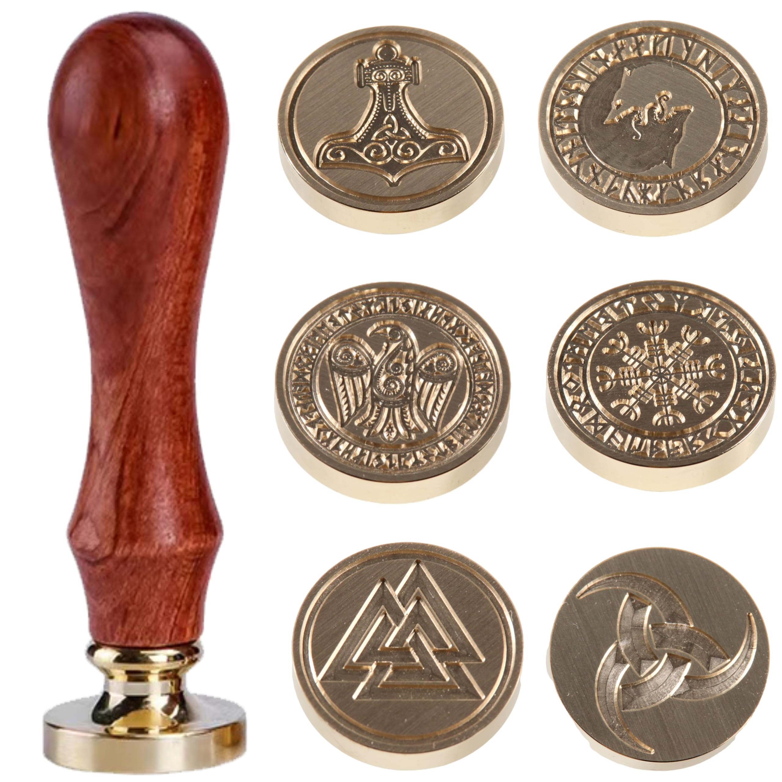 Vegvisir Viking Rune Wax Seal Stamp Set 6PCS Vegvisir Viking Sealing Wax Stamp Heads 0.98''/25mm Custom Wax Stamp 1PCS Wooden Hilt Sealing Stamp Set