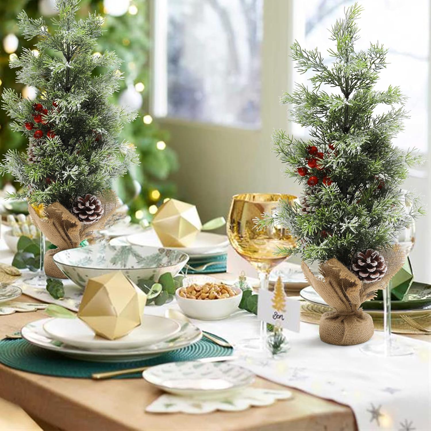 HiiARug 2 Packs Mini Christmas Tree 20 Inch Artificial Small Christmas Tree Tabletop Trees for Xmas Decorations with Pine Cones, Red Berries and Linen Base for Christmas Table Desk Kitchen Home Decor
