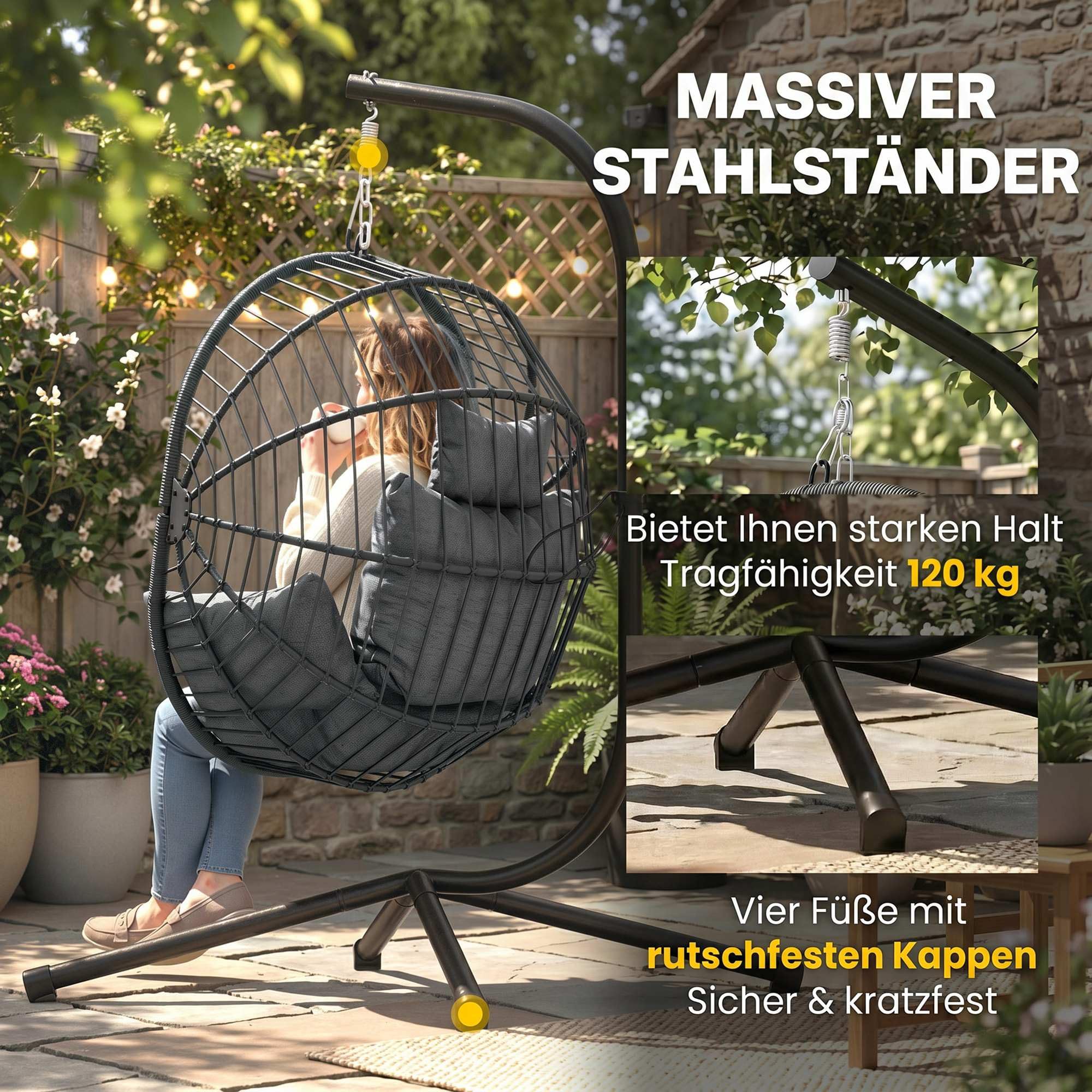 Outsunny Fauteuil Suspendu, Fauteuil œuf Suspendu, Chaise hamac balançoire - Panier Pliable, Coussin rembourré, Poche, Oreiller, Chaise Suspendue cocooning intérieur et extérieur, Gris