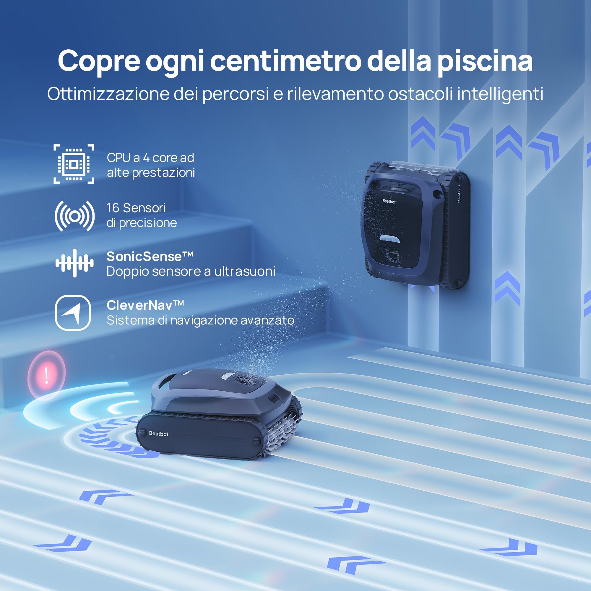Beatbot AquaSense 2 robot piscina pareti e fondo,Linea d'acqua,Senza Fili | Parcheggio intelligente. Pulisce pavimento, pareti e linea d'acqua con doppio passaggio, Per piscine fuori terra e interrate