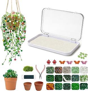 HOSHARM 6540 Pcs Green Glass Beaded Plant Kit with pots, Green Beads for Beaded Plants with Detailed Instructions, Potted Beaded Plants Craft Kit for Adults & Hobbyists, Home & Office Desktop Decor