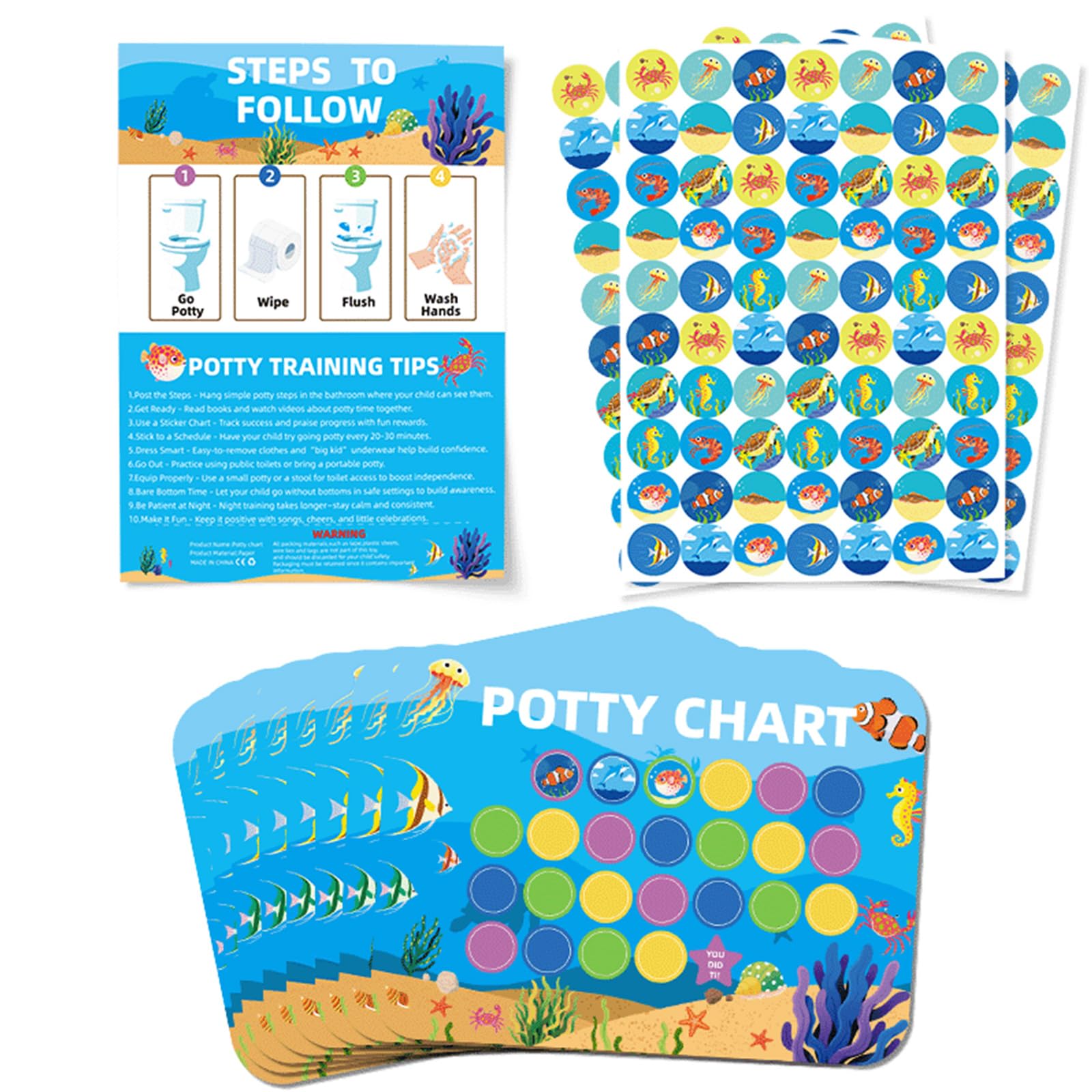 Yucch Töpfchentraining Aufkleber Set für Kinder – 8 Belohnungstafeln im Meeresdesign mit 210 Stickern und Anleitung, Motivationshilfe für spielerisches Toilettentraining (Ozean)