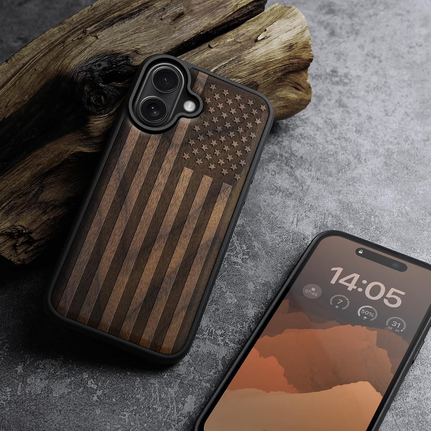 Carveit Magnetic Wooden Case for iPhone 16 Case, Wood Artisan Engraved & Black Soft TPU Shockproof Cover, Compatible with MagSafe Wireless Chargers (American Flag) Walnut