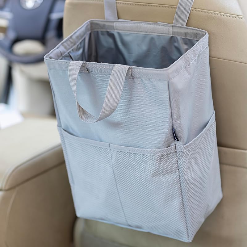 Lixeira automotiva suspensa Ginsco com tampa hook-and-loop, bolsos e revestimento impermeável, 13,2 L, Atomic Silver