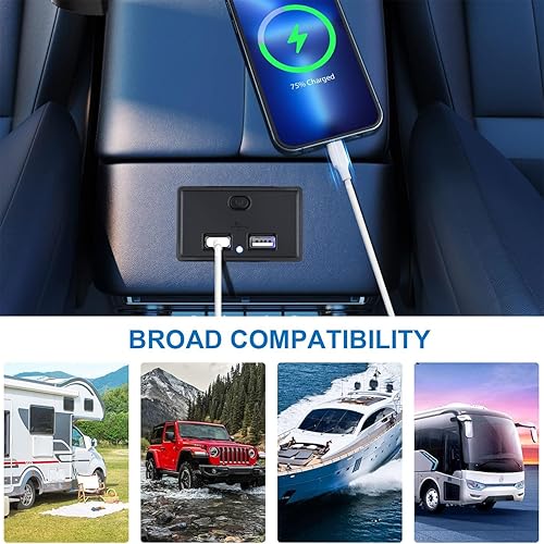 Miniatura 2 de Cllena Cargador USB dual con panel de toma de corriente con interruptor, 12V-24V 4.8A Cargador rápido de coche de doble puerto para coche, caravana,