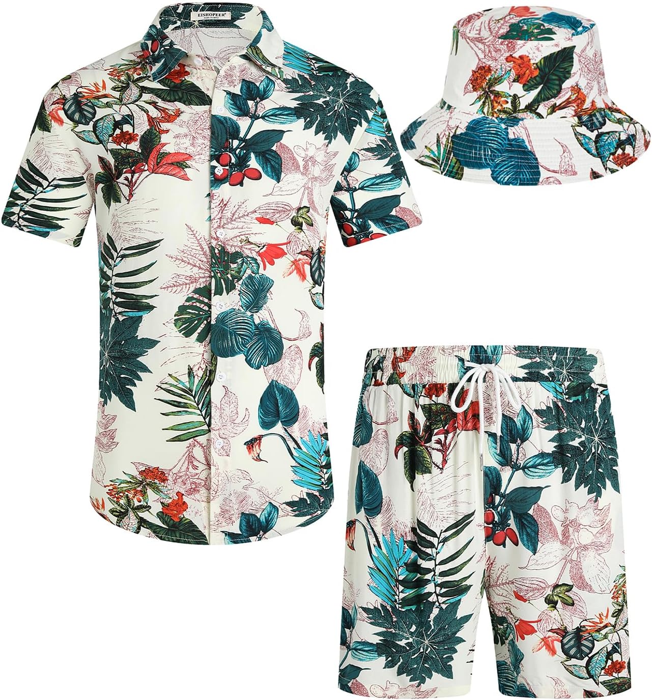 Men's Hawaiian Shirt and Shorts Set 2 Piece Casual Button Down Shirts Summer Beach Outfits with Bucket Hats