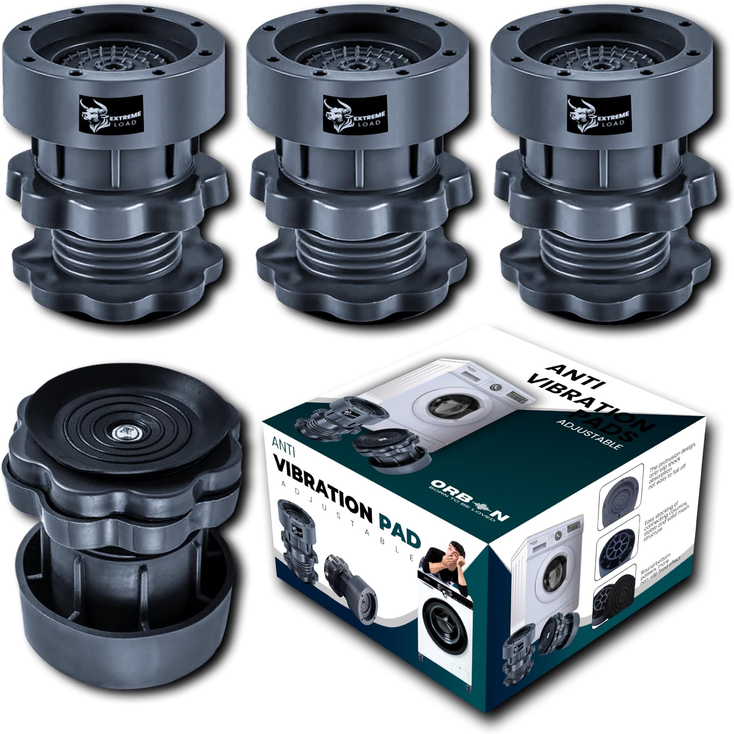 ORBON Extreme Load Anti Vibration Pads for Washing Machine | Washing Machine Feet Pads with Suction Cup | Shock Absorber Noise Cancelling Rubber Pads | Washer Support & Height Adjustment Feet (4 Pc)