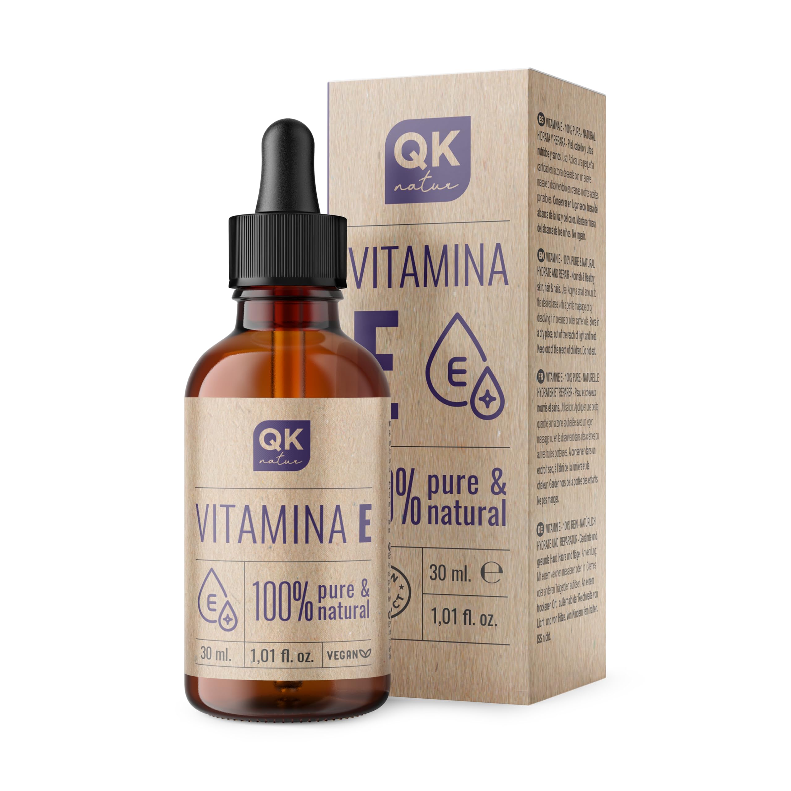 QKnatur - Vitamina E líquida pura (Tocopherol) 30 ml - Natural vegetal - Antioxidante y Antiedad para Cara, Piel, Cabello y Uñas