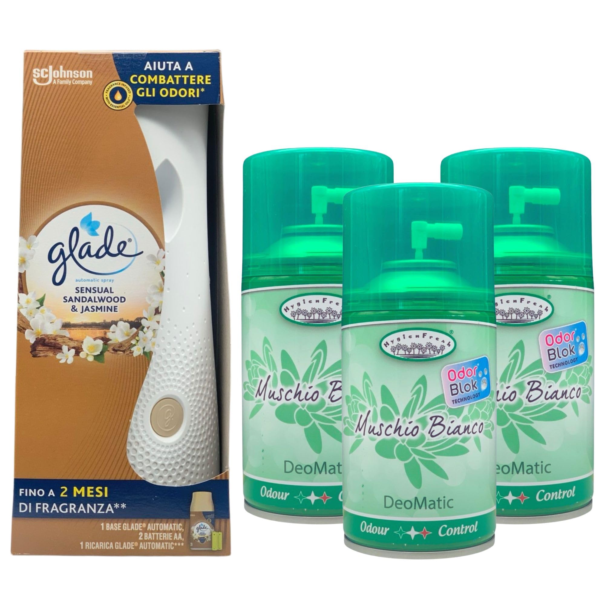 SET: Automatic Spray Sensual Sandalwood & Jasmine (Confezione Con Base+2 Batterie AA+1 Ricarica) + 3x Ricarica Deo Matic Spray Ambienti 250ml (MUSCHIO BIANCO, 1 Automatic Spray + 3 Deo Matic)