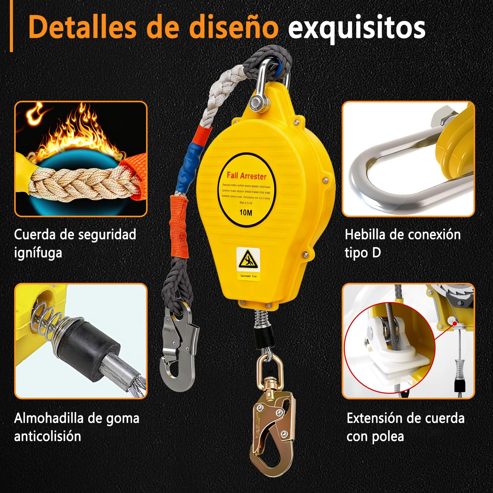 Dispositivo Anticaidas Retráctil Seguridad 10m, Línea de Vida Autorretráctil con Gancho Giratorio de 360°, Arnés Seguridad Más Anticaida para Tejados Capacidad de Carga de 150 kg (Amarillo)