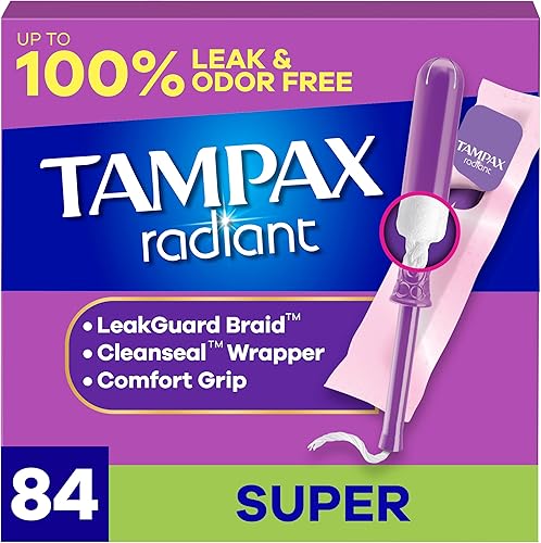 Tampax Tampones radiantes para mujer, con trenza LeakGuard, súper absorbente, sin perfume, 84 unidades (3 paquetes de 28)