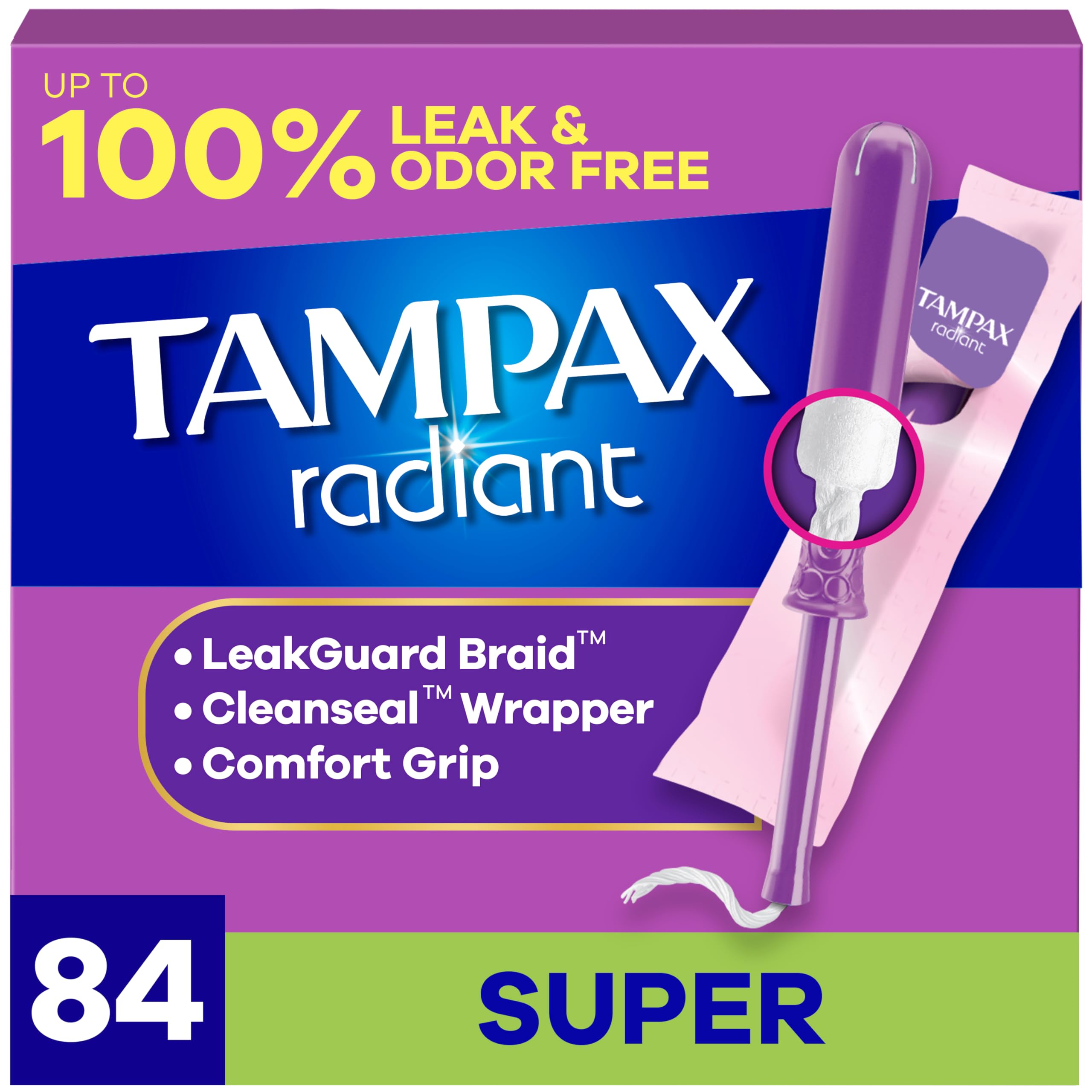 Tampax Radiant Tampons for Women, with LeakGuard Braid, Super Absorbency, Unscented, 84 Count (3 Packs of 28)