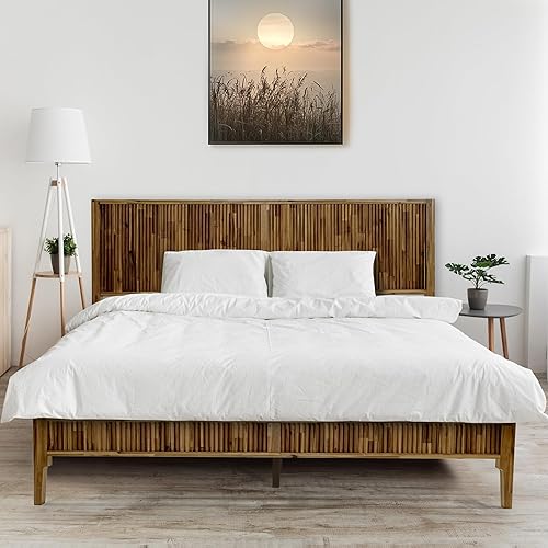 Bosk Base de cama Queen con cabecero, cama de plataforma de madera de acacia maciza, no necesita somier, moderna de mediados de siglo acanalada,