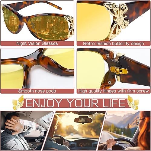 Miniatura 3 de 2 gafas de conducción de visión nocturna para mujer, polarizadas, antideslumbrantes, lentes amarillas, visión nocturna, con decoración de mariposas,