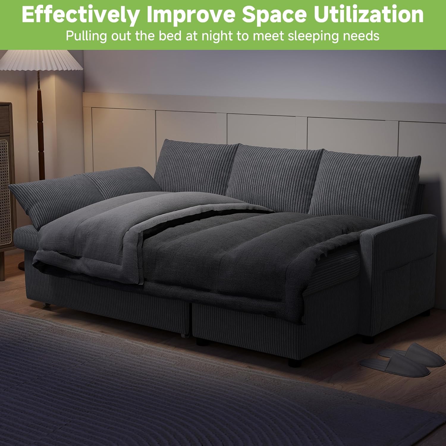 Real Relax 80'' Sofa Bed, L Shaped Corduroy Sleeper Sofa Couch with Pull Out Bed and Chaise Storage for Living Room, Apartment and Office, Dark Gray