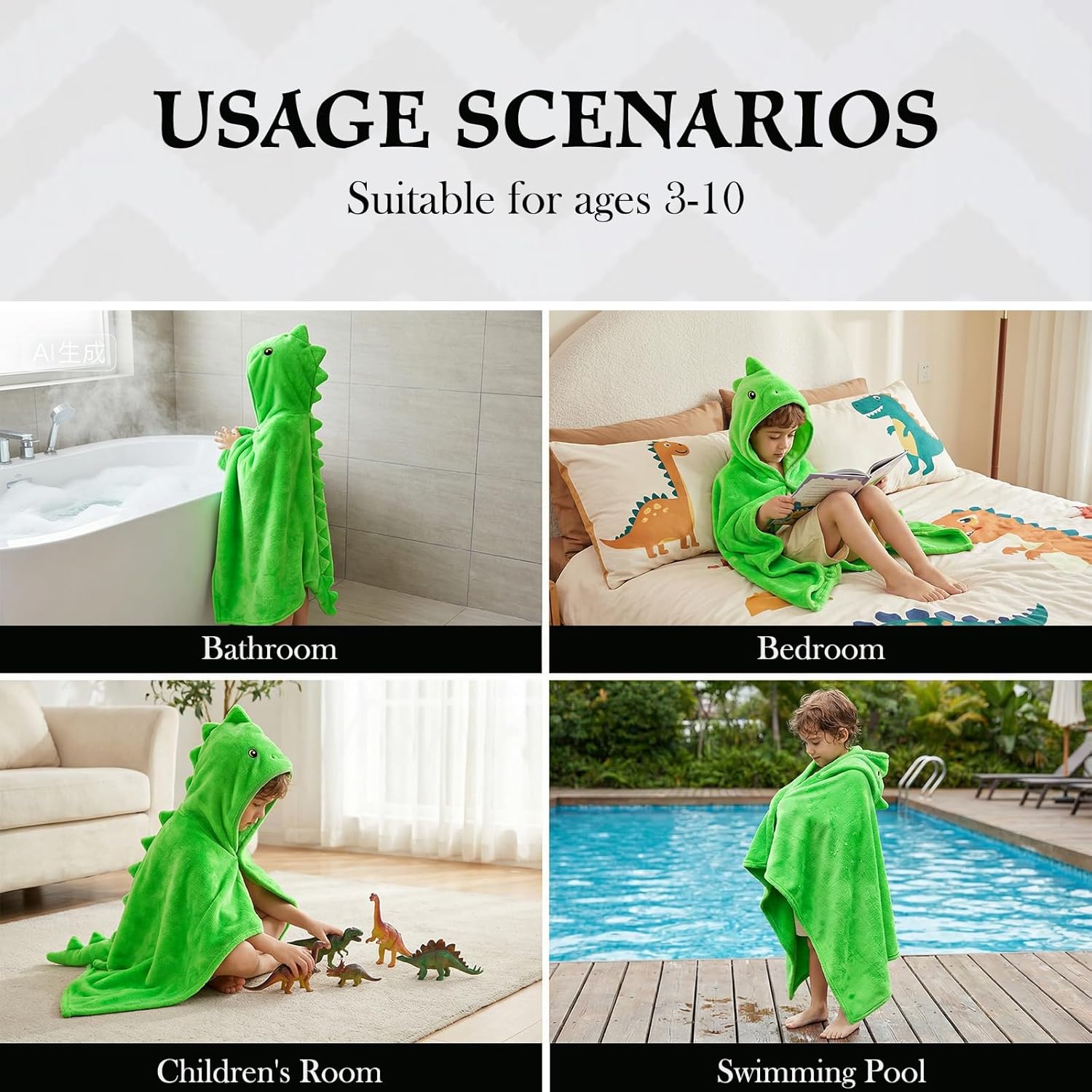 Hiturbo Kids Dinosaur Hooded Bath Towel: Super Soft Fleece Toddler Towel Wrap 50"x30" - Pool Beach Towels Swim Poncho for Boys Girls 3-12 Yrs - Green - Image 4