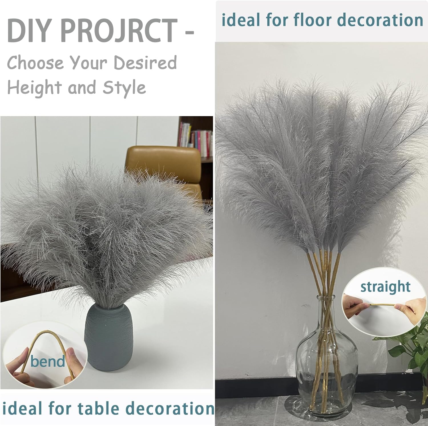 38" Faux Pampas Grass Decor Grey & Blue - Artificial Pampas Grass Small Pampas Grass Fluffy Pompas Floral Arrangement