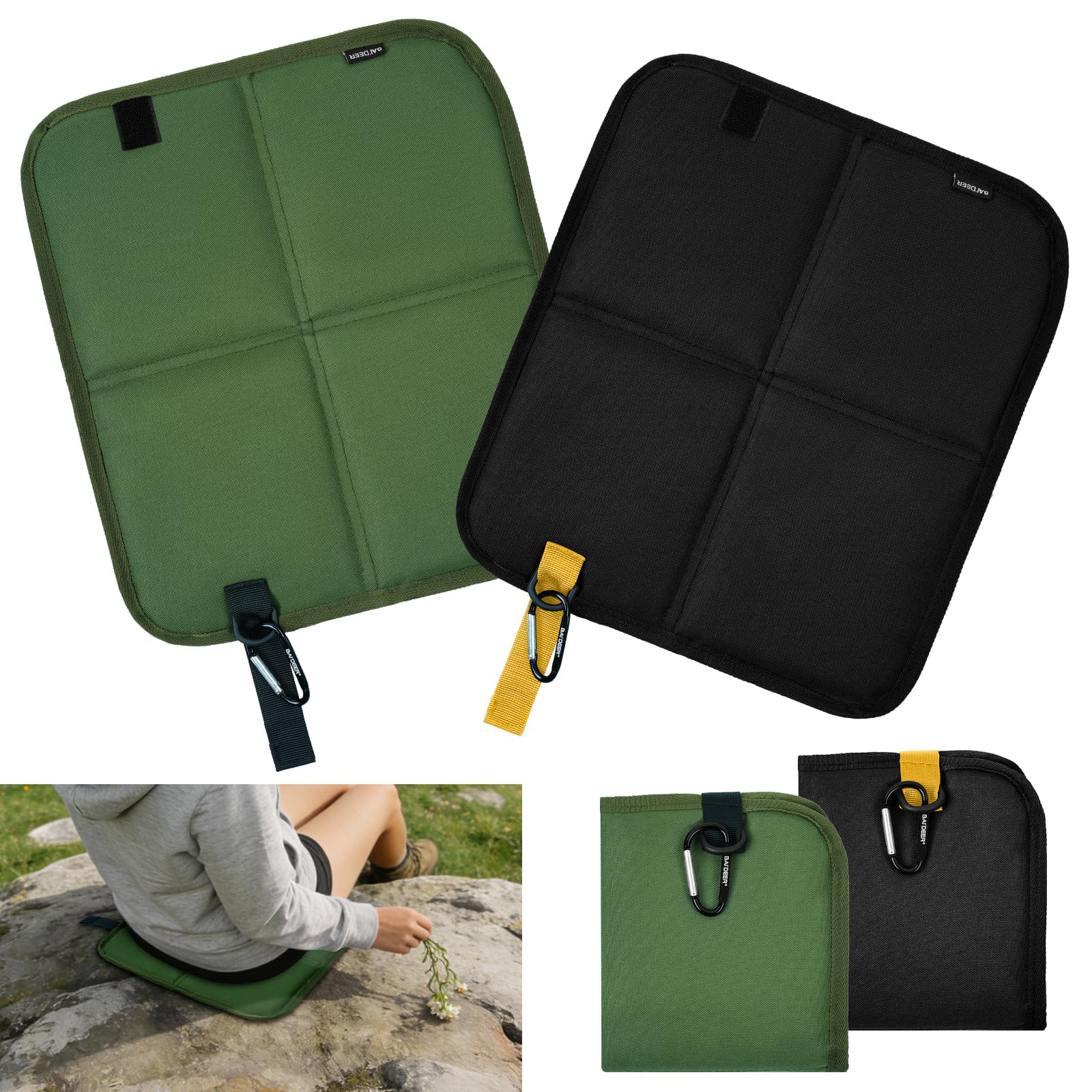 HOTUT Tappetino Pieghevole Outdoor, Cuscino del Sedile in Tessuto Oxford Impermeabile, Cuscini da Seduta Pieghevoli da Esterno in Tessuto Oxford, Escursioni, Picnic, Campeggio, 36 x 32 cm, Nero, Verde