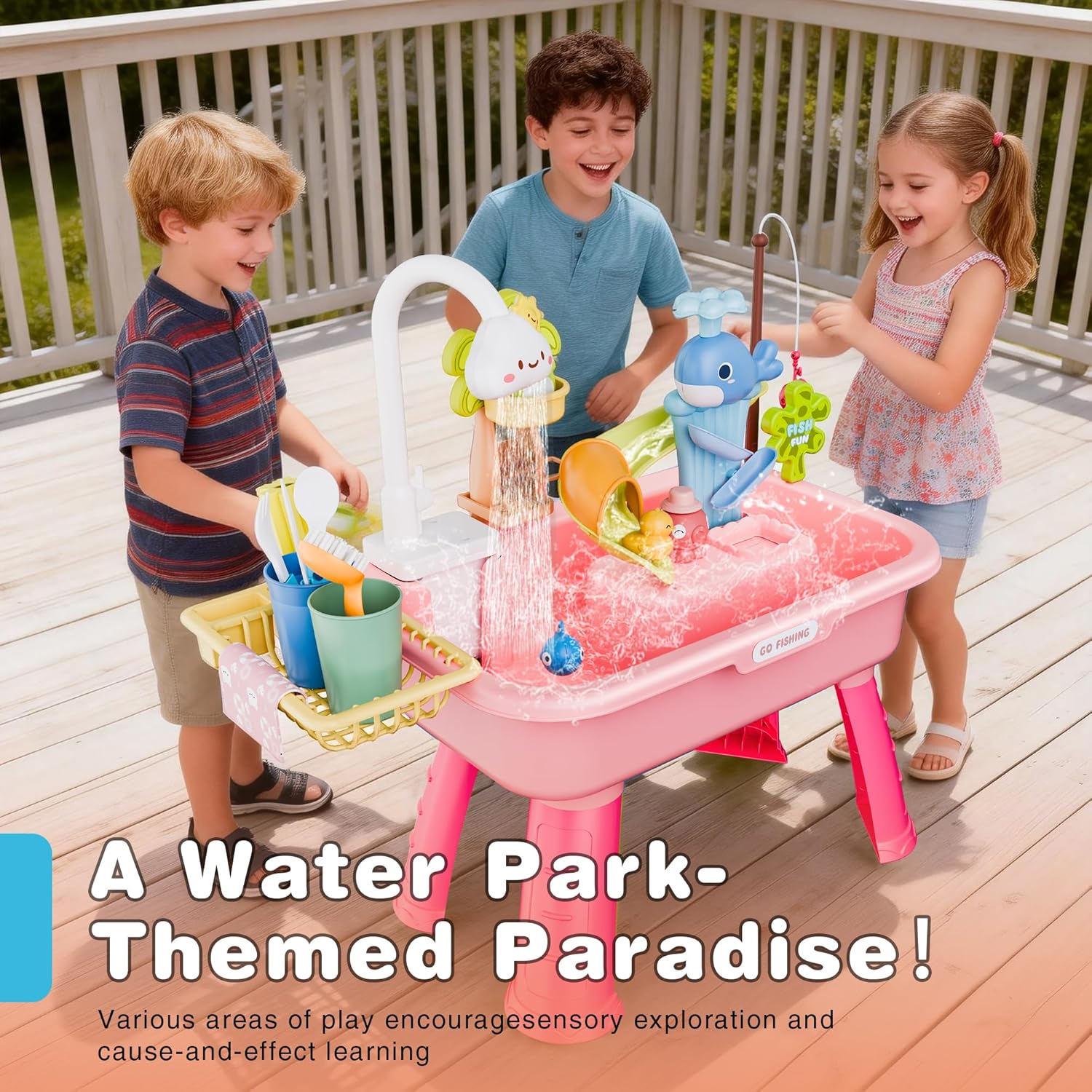2026 Upgraded Water Table for Toddlers 3+, Water Table for Kids Ages 4-8 with Pump, Play Sink with Running Water, Kitchen Sink for Toddlers, Fishing Game and Outside Sensory Toys (Pink)