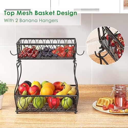 Miniatura 3 de Cesta de frutas de 2 niveles para encimera, panera para cocina, cesta de alambre de almacenamiento de cebollas y papas vegetales, 13.8 pulgadas,