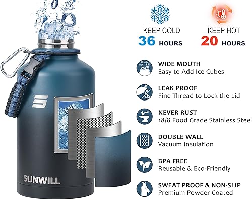 Miniatura 2 de SUNWILL Botella de agua de 64 onzas con popote, botella de agua aislada de acero inoxidable, botella de agua de metal para gimnasio y deportes, boca