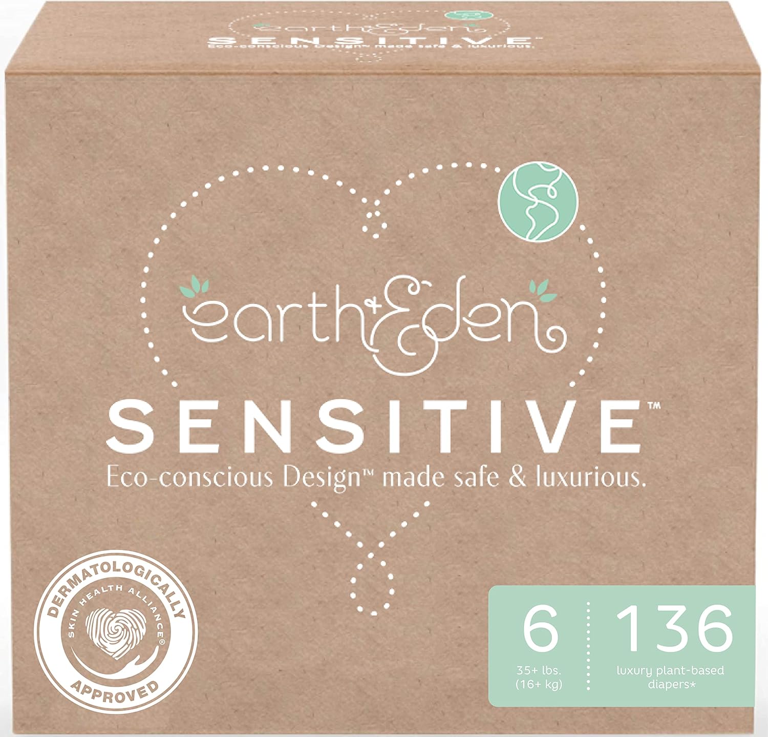 Earth & Eden Sensitive Baby Diapers, Size 6 (136 Count) - Eco-Conscious & Hypoallergenic Diapers - No Harsh Chemicals - Comfortable and Gentle on Skin - Dermatologically Approved