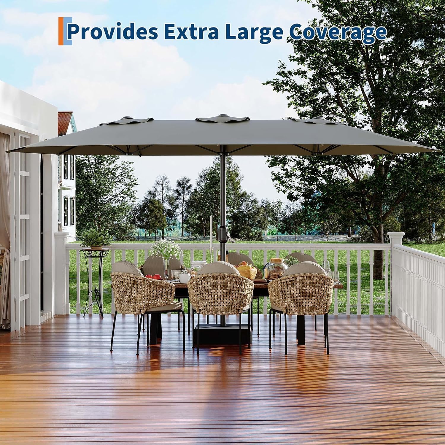 15FT Extra Large Double-Sided Patio Umbrella with Solar LED Lights – Heavy-Duty Rectangular Outdoor Market Umbrella, Fade-Resistant UV Canopy, Included Base for Backyard, Pool, Deck, Garden – Beige/Mist Blue