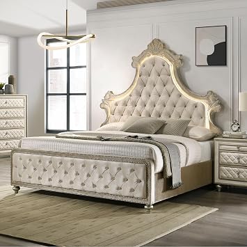 Beige Velvet Royal Bed Frame - Luxury Bed Frame with LED Light and Button Tufted Headboard & Footboard, Upholstered Unique Bed Frames with Nailhead Detail, Box Spring Required (Eastern King)