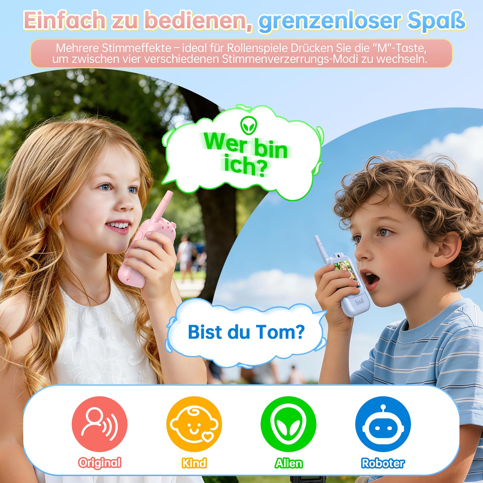 Walkie Talkie Kinder mit HD Video, Geschenk Mädchen Junge 4 5 6 7 8 Jahre, 2er-Set mit Kamera & Bildschirm, Automatische Kopplung, USB-C Wiederaufladbar, Spielzeug für Zuhause & Outdoor (Blau & Pink)