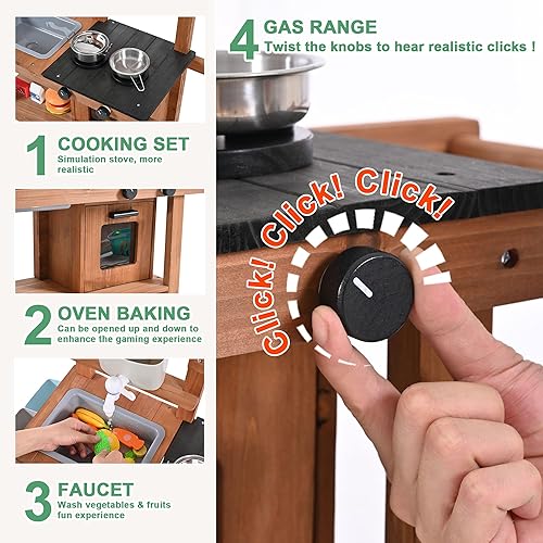 Miniatura 3 de OLLIKIVI Cocina de barro para niños al aire libre, cocina de juego de madera con fregadero extraíble, grifo, estantes de almacenamiento, patio