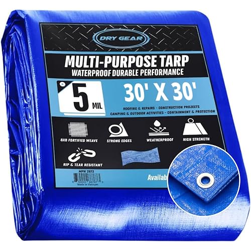 Tarps 30x30 Blue Tarp Waterproof – 5 MIL Thick Tarpaulin Outdoor Cover - Multipurpose Protection Poly Tarp for Camping, Tent, Roof, Patio, Pool, Floor, Furniture, Boat, Truck Beds, Pack of 1