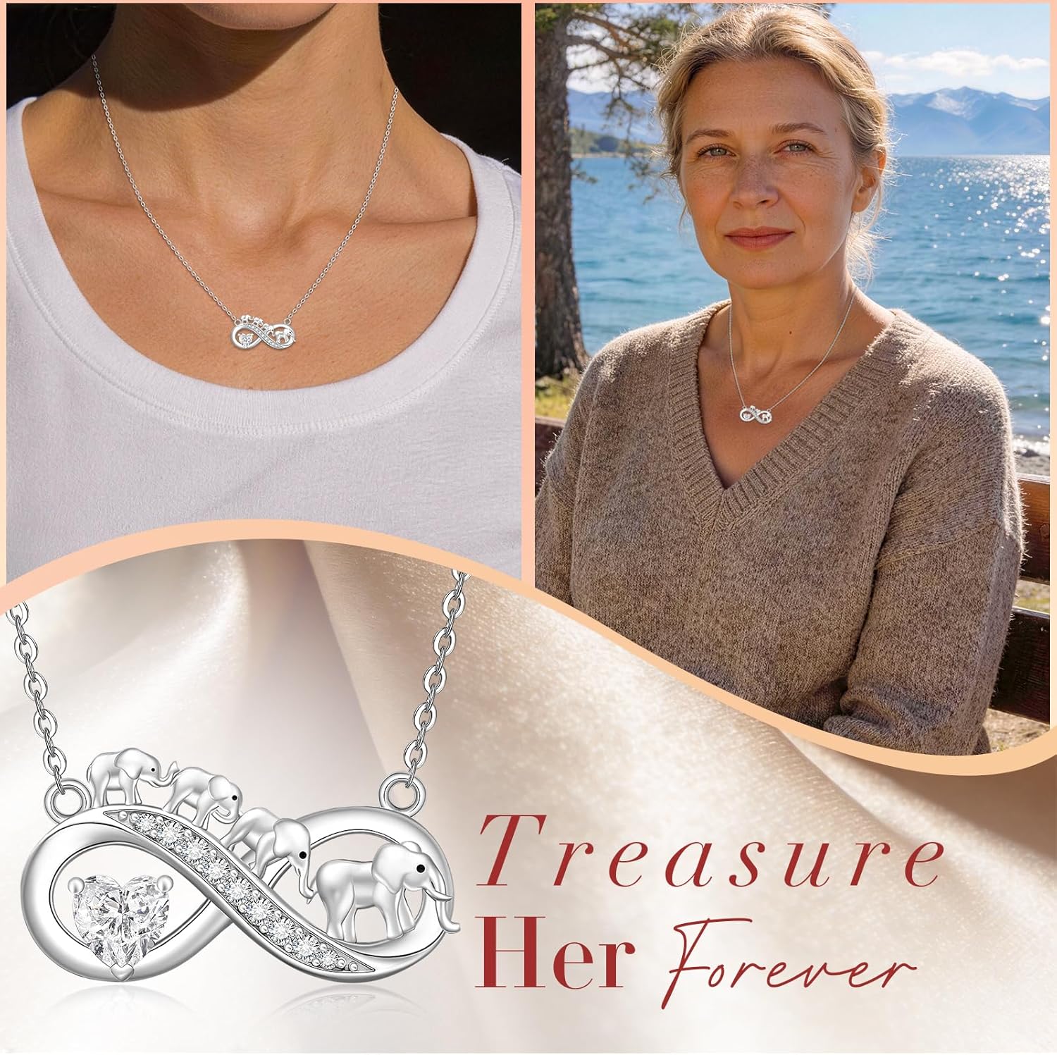 Fenthring Elephant Necklace for Women Sterling Silver Mothers Day Infinity Mama Pandant for Mom Heart with Birthstones Gifts - Image 8