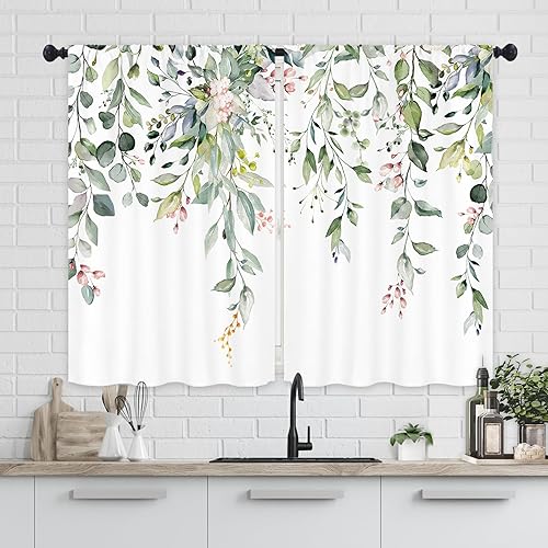 Yookeb Cortinas de cocina con hojas de eucalipto y plantas, 27.5 pulgadas de ancho x 39 pulgadas de alto, bolsillo para barra, color verde salvia,