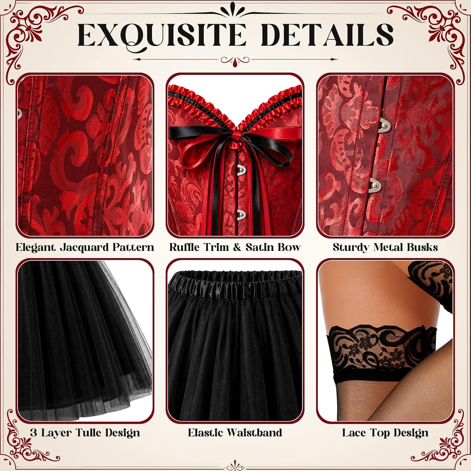 Vabean 4 Pcs Corset Lingerie Set with Tutu Skirt Stockings