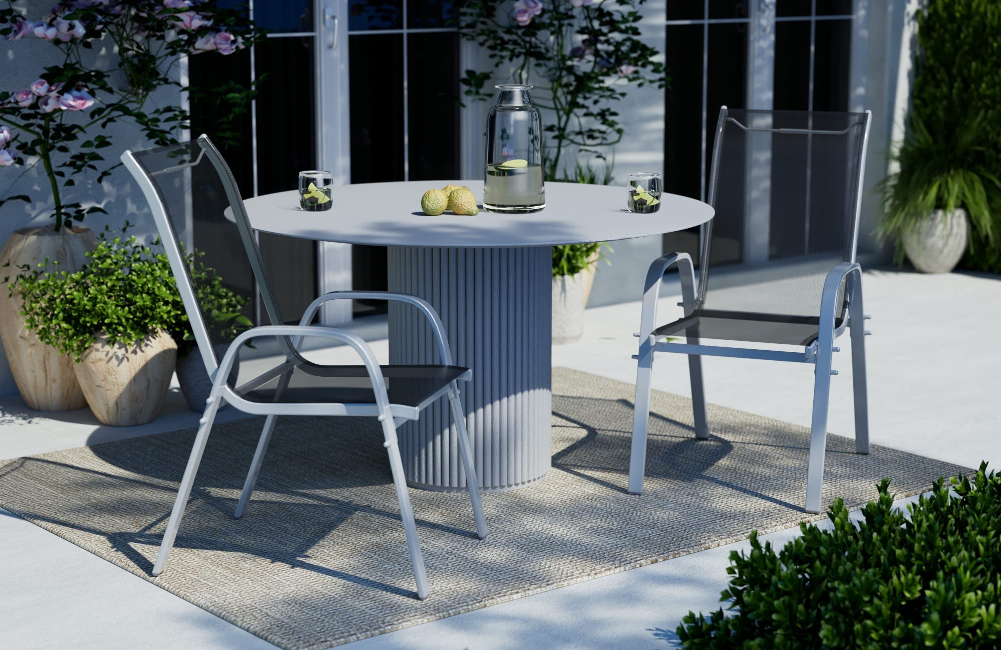 Nexos 4er Set stapelbarer Gartenstuhl aus Textilene + Stahl – Farbe: Rahmen Grau/Bespannung Schwarz