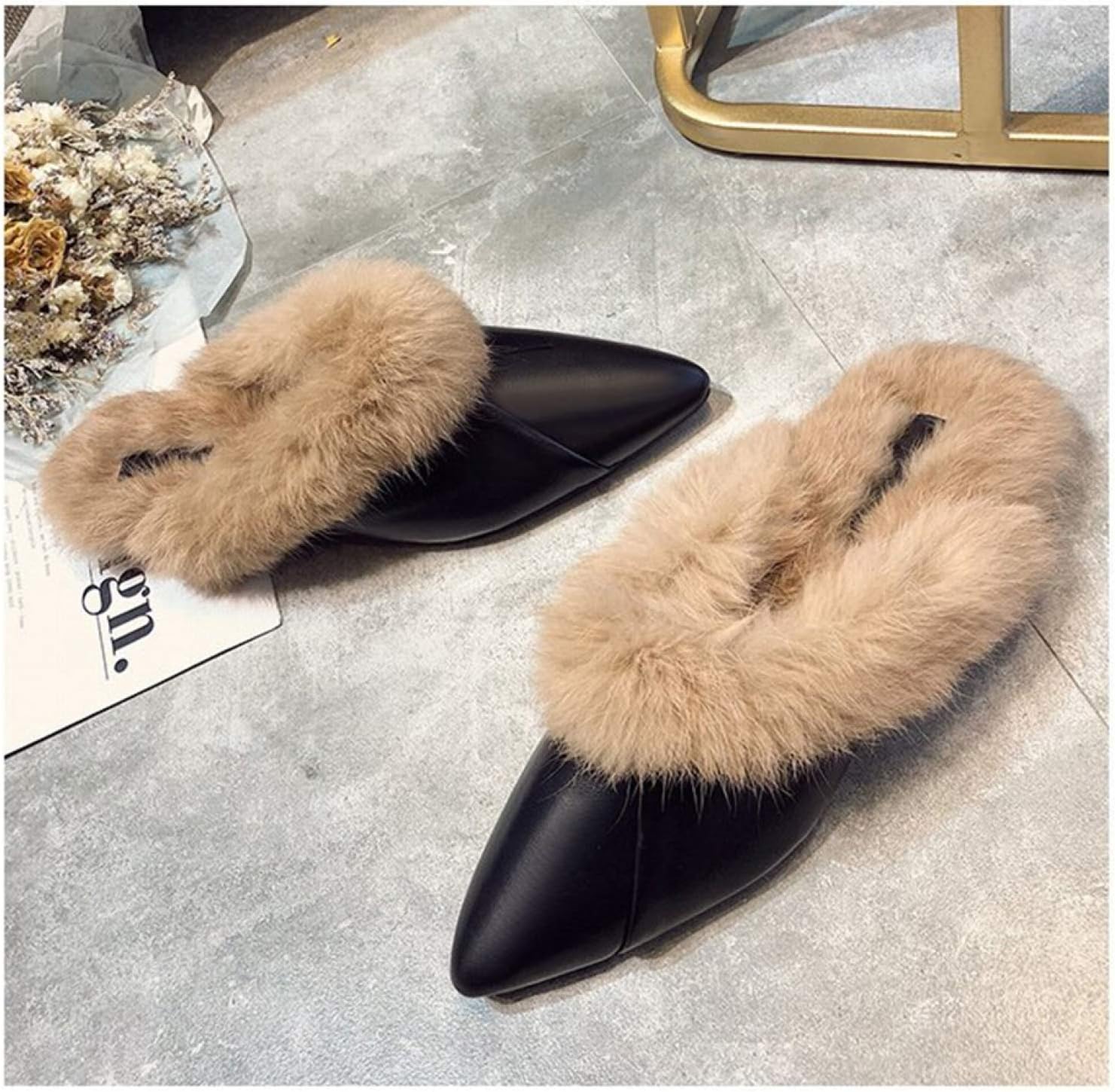 [G7LZ] ファー ミュールサンダル レディース ポインテッドトゥ ミュール ファーサンダル バンプス ローヒール ふわふわ 美脚