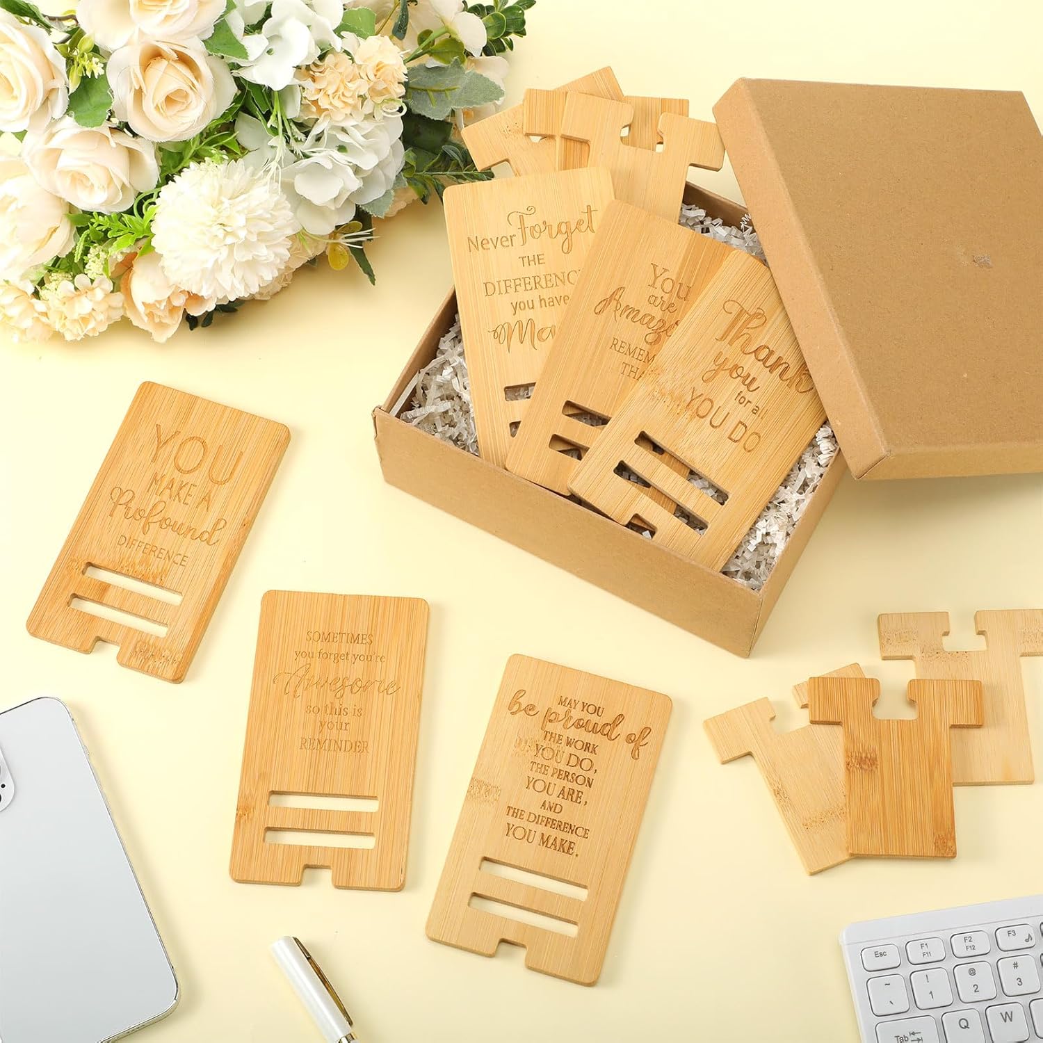 Ripeng 24 Pcs Employee Appreciation Gifts Bulk Bamboo Phone Stand for Desk Office Worker Thank You Gift for Administrative Team Coworkers Staff Graduation Nurse Teacher Week (Assorted Inspirational)