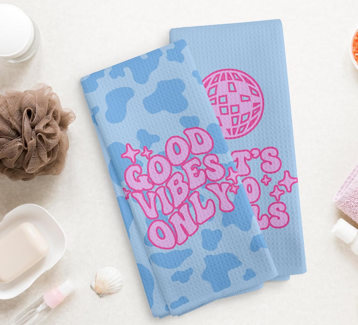 Blue Pink Let's Go Girls Kitchen Towels and Dishcloths Set of 2, Preppy Kitchen Towels, Disco Ball Leopard Print Drying Cloth Hand Towels for Girls Dorm Bathroom Kitchen Decor, 16×24 Inches - Image 2