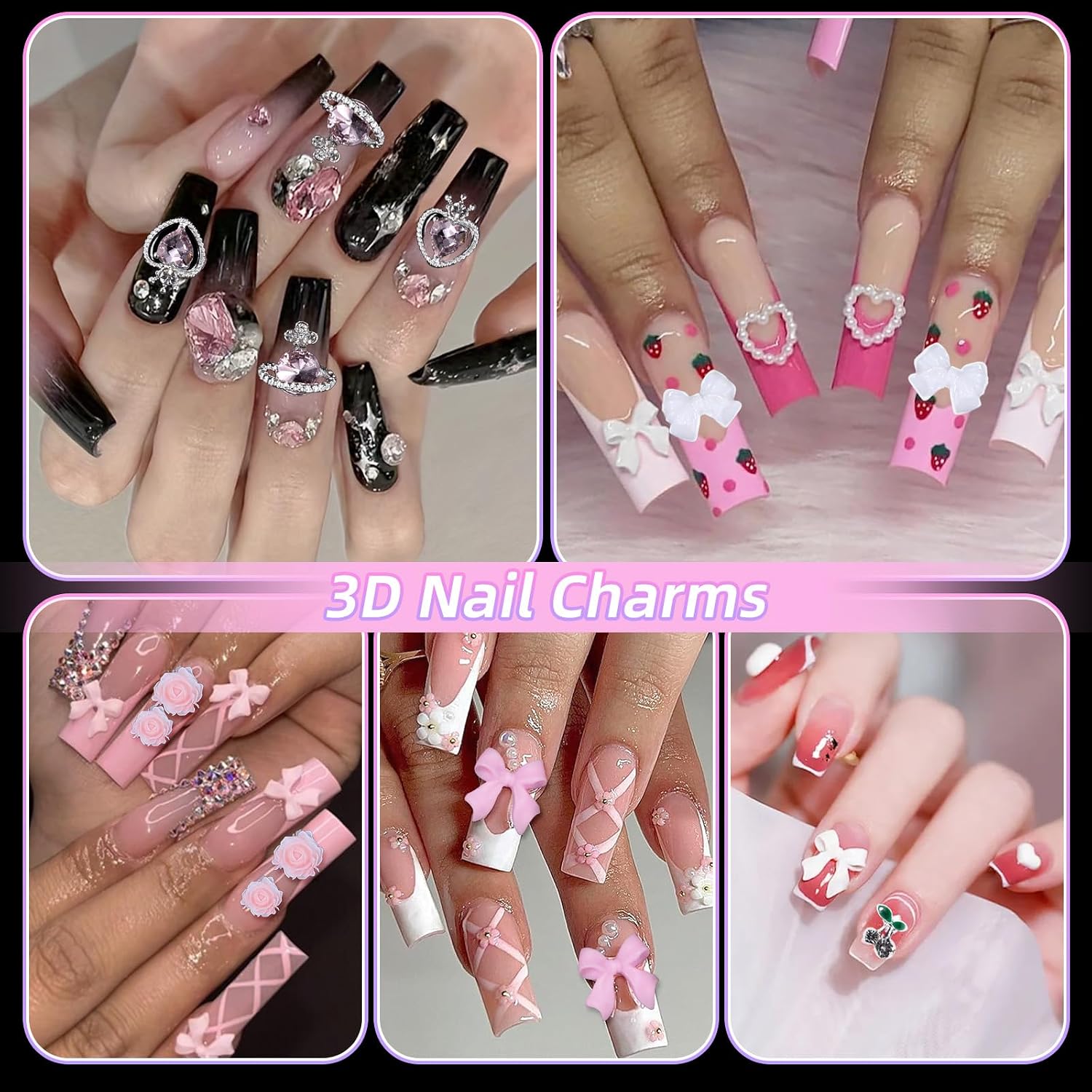 3D Nail Charms and Gems Rhinestone Cherry Heart Planet Nail Charms, Junk Case Charms, Assorted Bows Flowers Butterfly Rose Star Heart Hollow Nails Art Charms for Nails Art DIY