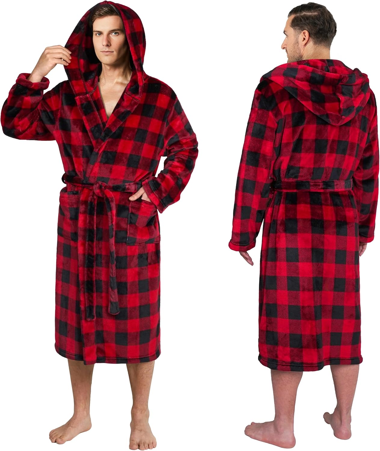 PAVILIA Mens Soft Robe with Hood, Bathrobe for Men, Lightweight Fleece Male Hooded Robe Long Bath Shower Spa