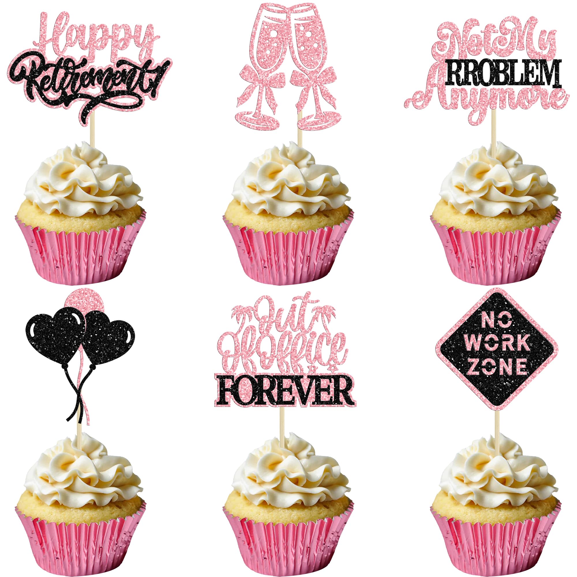 Gyufise 24Pcs Happy Retirement Cupcake Toppers Officially Retired Cupcake Picks Out of Office Forever Retirement Theme Cake Toppers Decorations for Farewell Party Supplies Pink Black